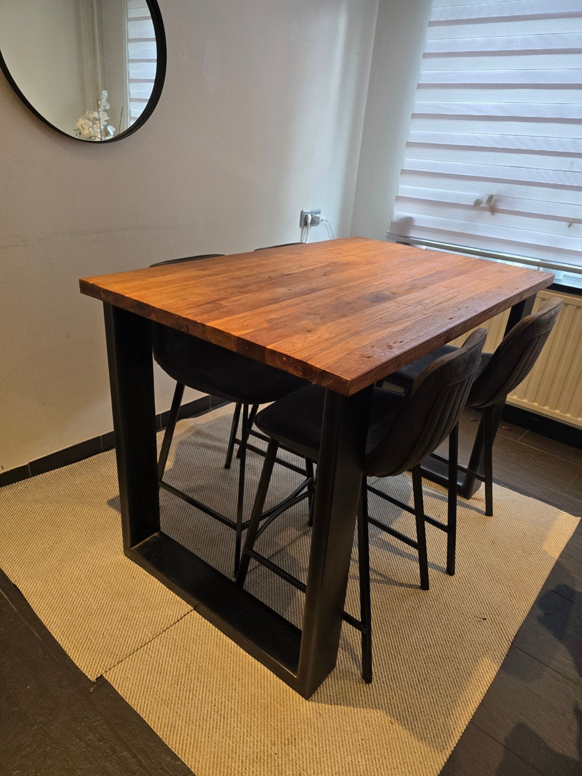 Pronto Bartafel Teak met stalen onderstel en 4 stoelen, Ophalen, Gebruikt, 50 tot 100 cm, Vier personen