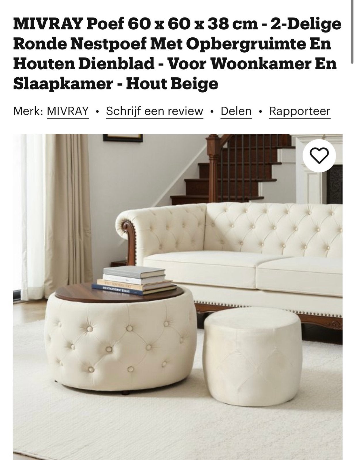 MIVRAY Poef 60x60x38 cm - 2-Delige Ronde Nestpoef, Ophalen, Rond, Nieuw, 50 tot 75 cm