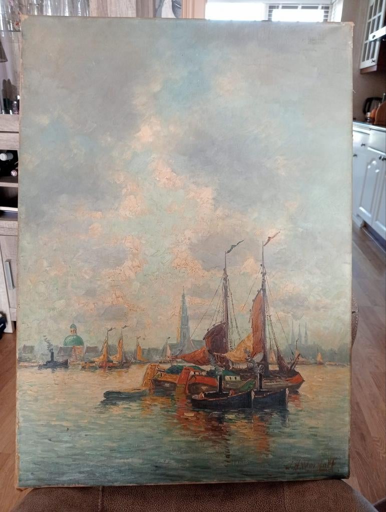 Schilderij van Jan Hendrik Wolhoff - Havenzicht met schepe, Ophalen