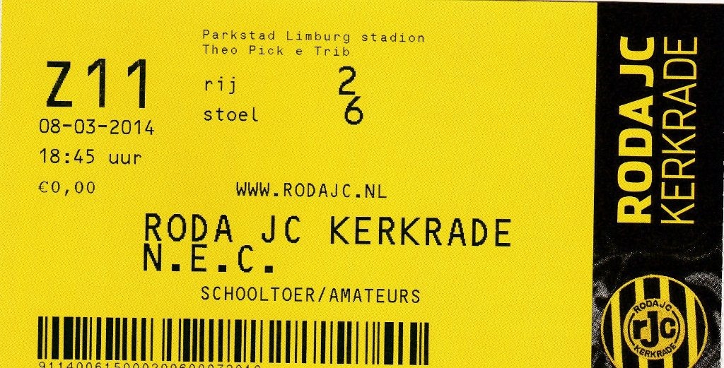 Ticket:RODA JC v NEC NIjmegen 08-03-2014., Verzenden, Overige binnenlandse clubs, Overige typen