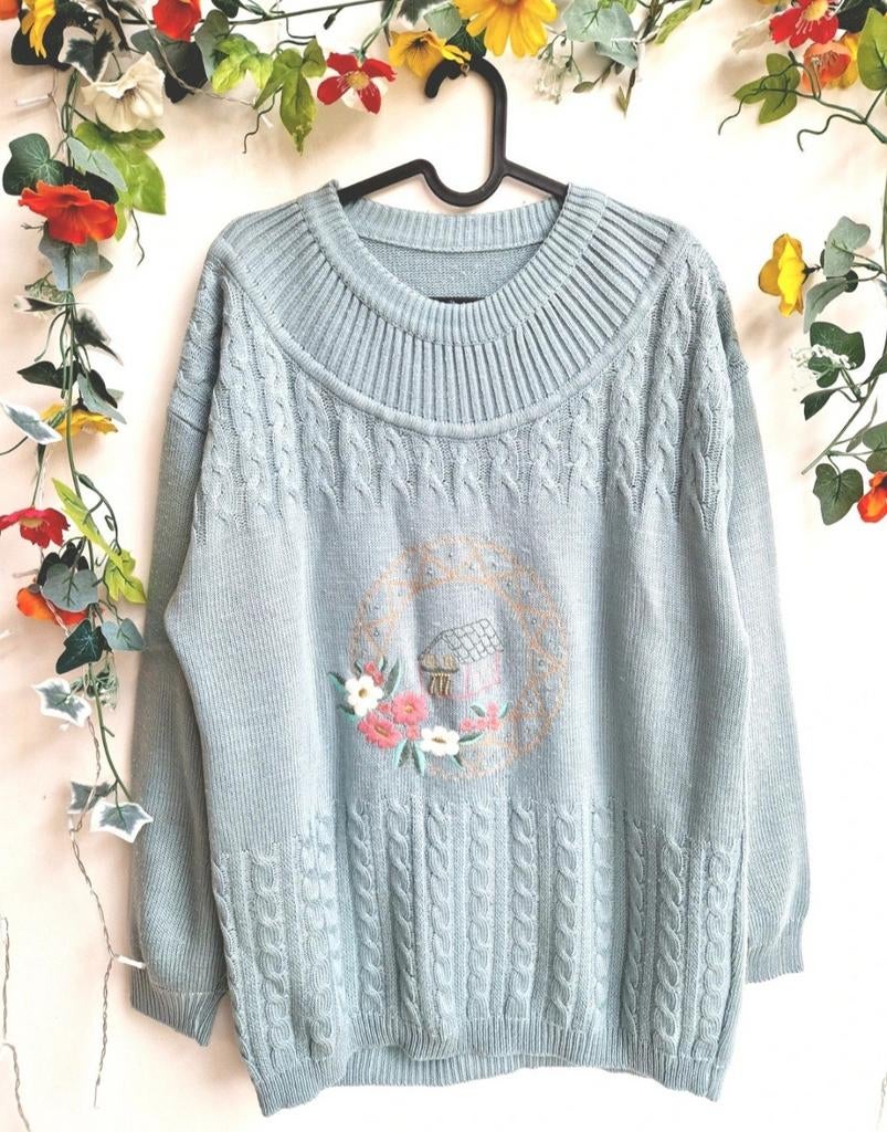 Cozy vintage pastel blauwe trui met borduursels, Ophalen of Verzenden, Zo goed als nieuw, Maat 46/48 (XL) of groter, Blauw