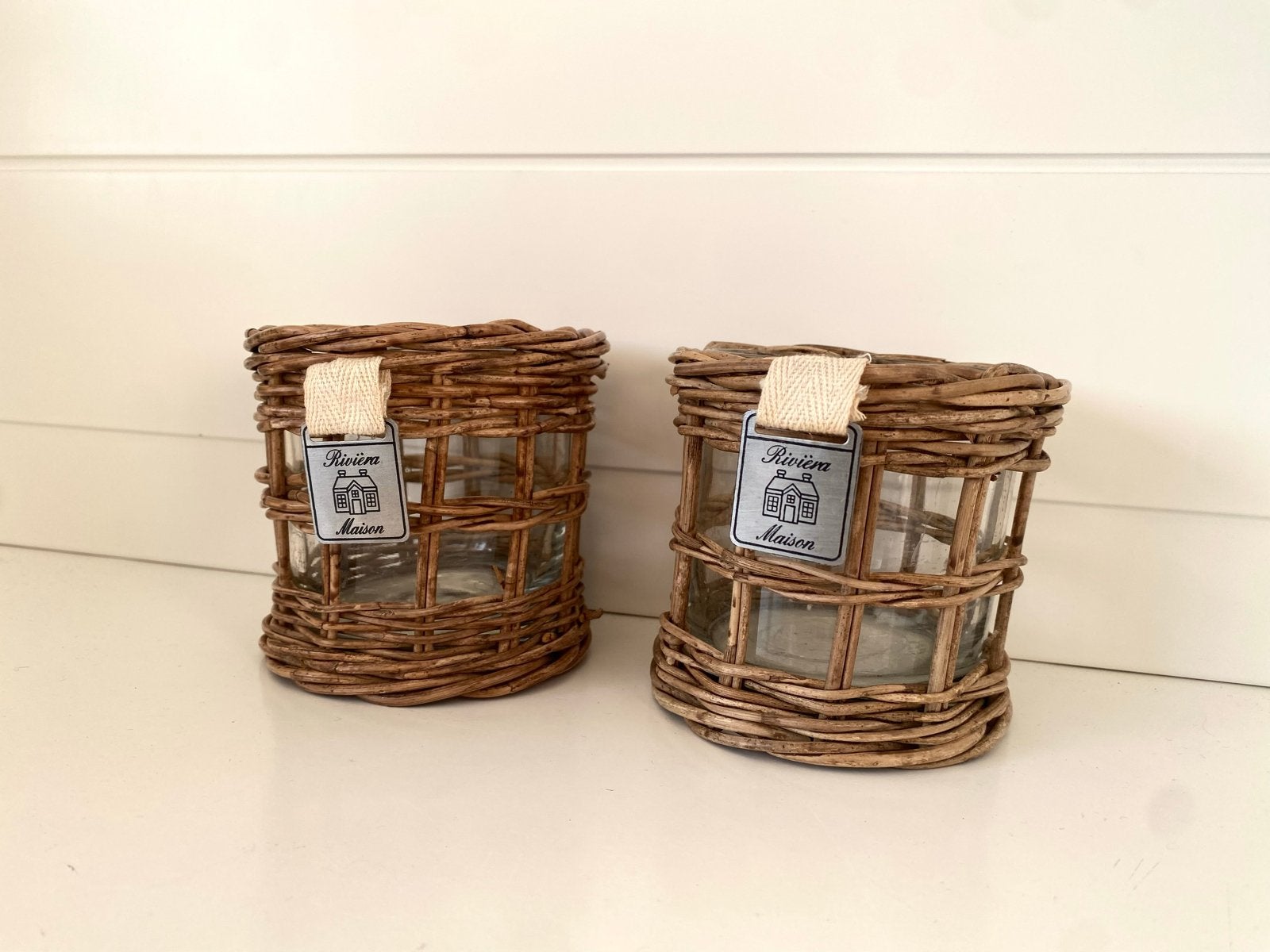 Riviera Maison theelichthouders rotan , rattan set van 2, Ophalen of Verzenden, Natuurlijk materiaal, Bruin, Landelijk