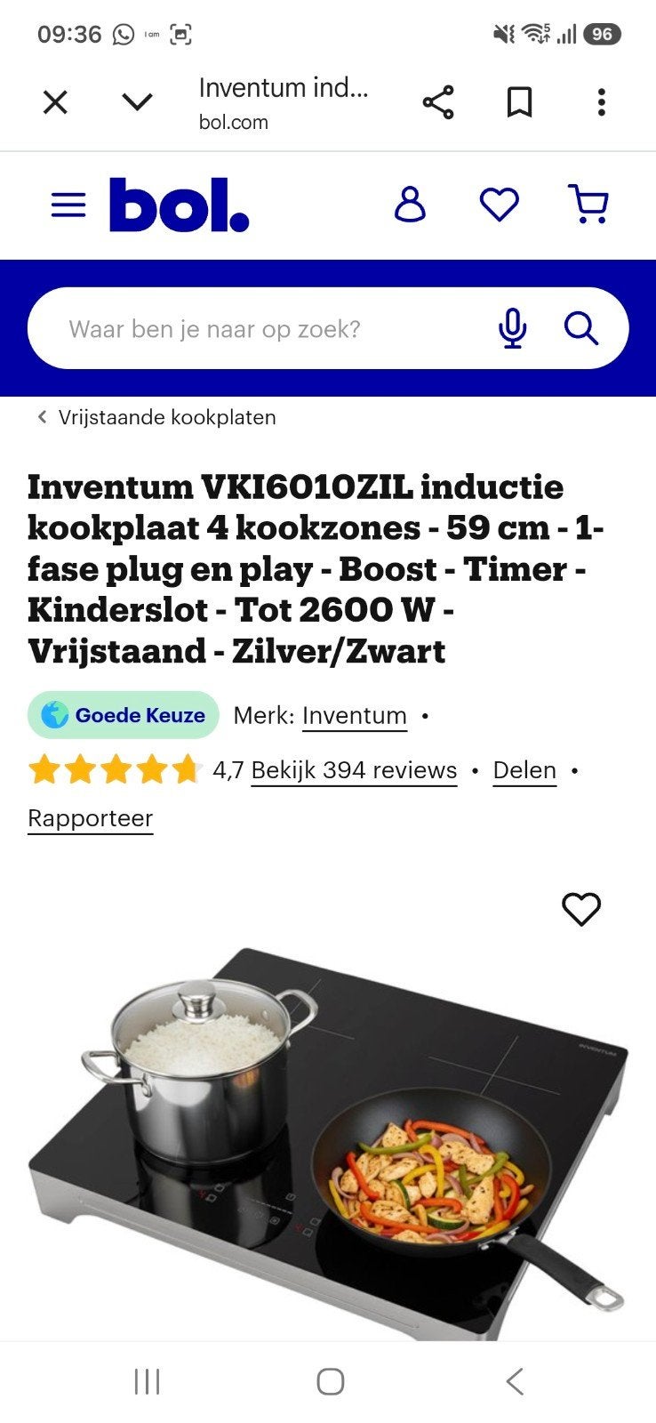Inventum VKI6010ZIL Inductiekookplaat 4 zones Vrijstaand, Ophalen, 4 kookzones, Zo goed als nieuw, Inductie