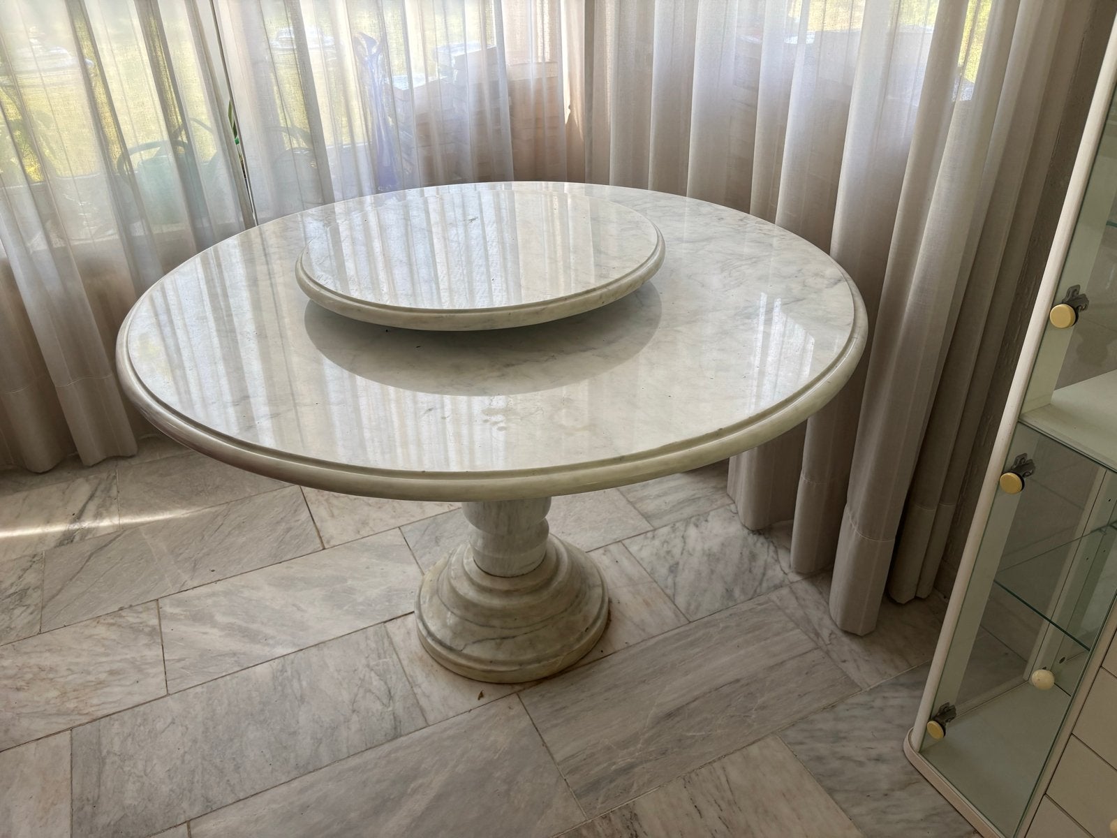 Marmeren eettafel met draaiplateau - 120cm doorsnede, Ophalen, Gebruikt, 100 tot 150 cm, Rond