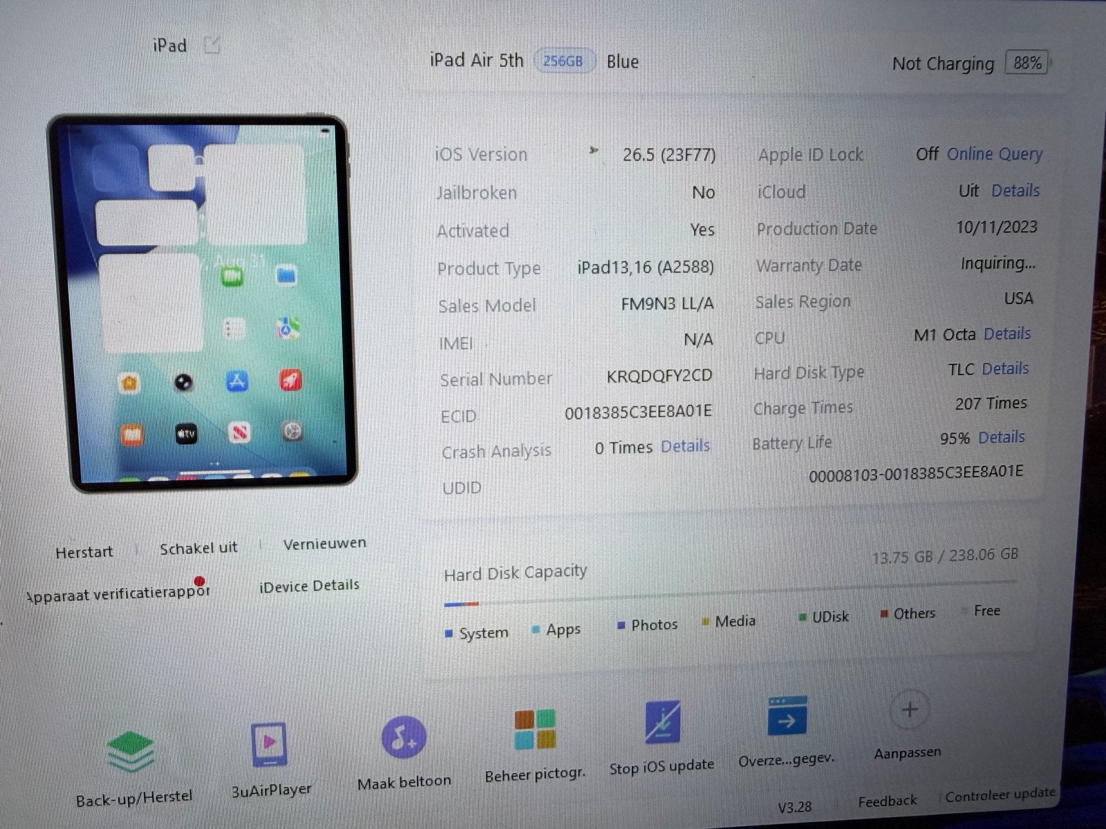 iPad Air 5, 256GB - Touch ID defect, Computers en Software, Apple iPads, Gebruikt, Blauw, Apple iPad Air, Ophalen of Verzenden