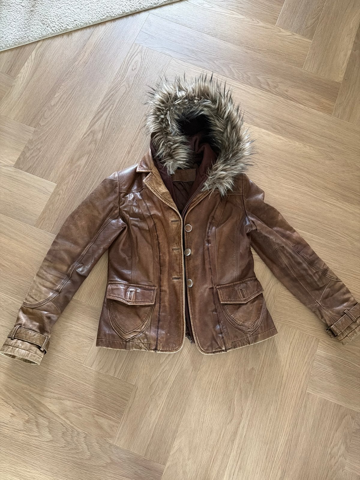 Vintage leren jasje met afneembare capuchon - Yessica, Kleding | Dames, Jassen | Winter, Ophalen, Gedragen, Maat 38/40 (M), Bruin