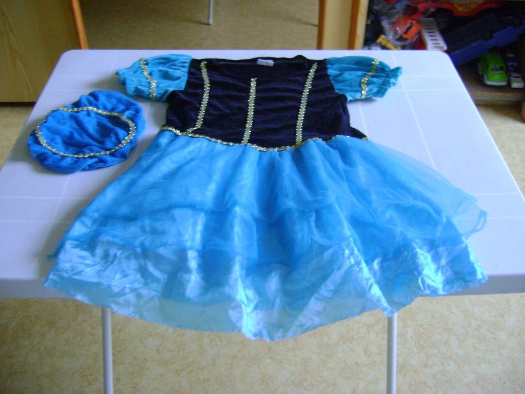 blauw met zwart velours lijfje pieten jurkje met pet 6/8 jr, Ophalen of Verzenden, Zo goed als nieuw