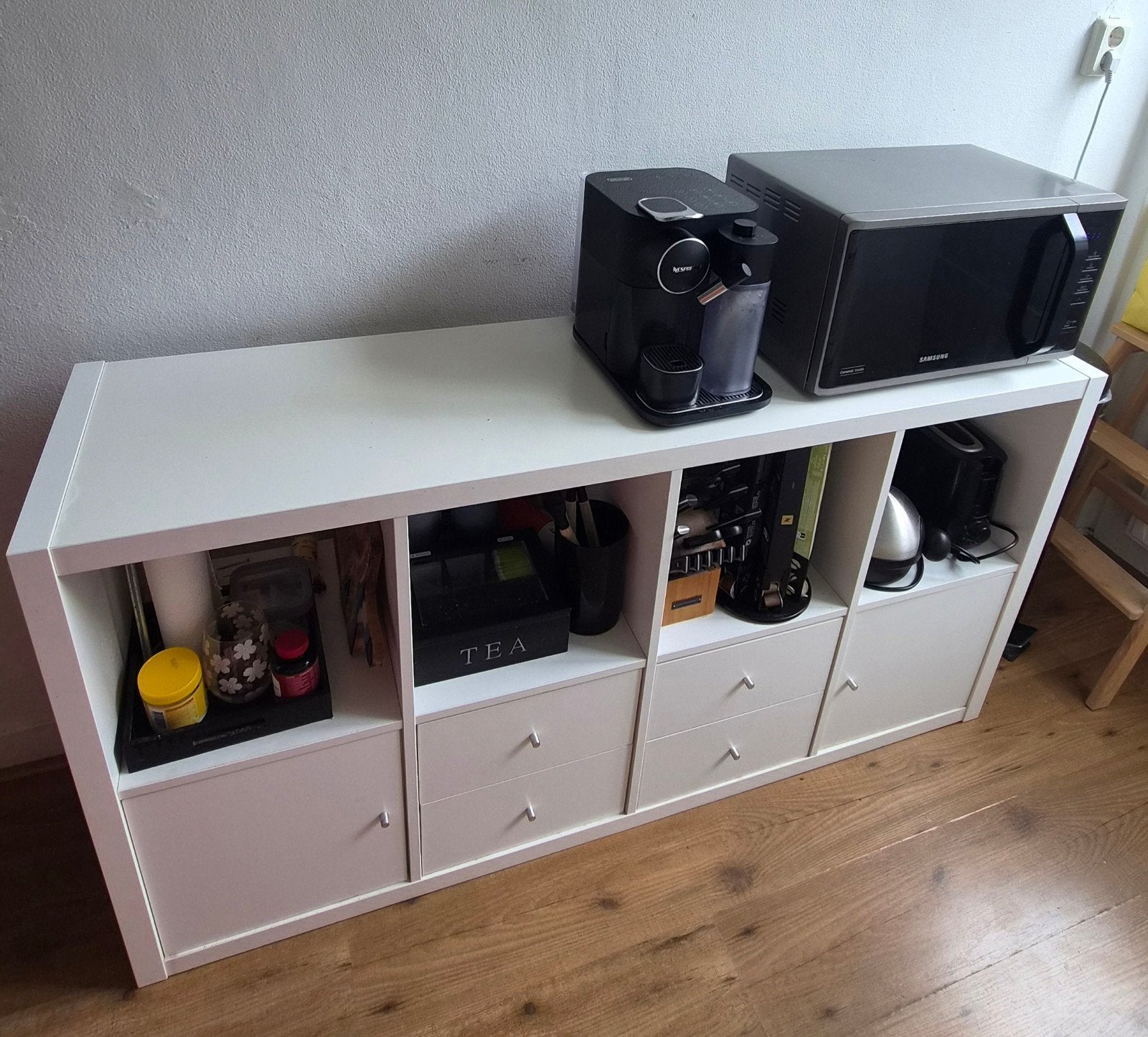 IKEA KALLAX open kast met 4 inzetten, wit, 147  77 cm., Ophalen of Verzenden, Zo goed als nieuw, 25 tot 50 cm, 50 tot 100 cm
