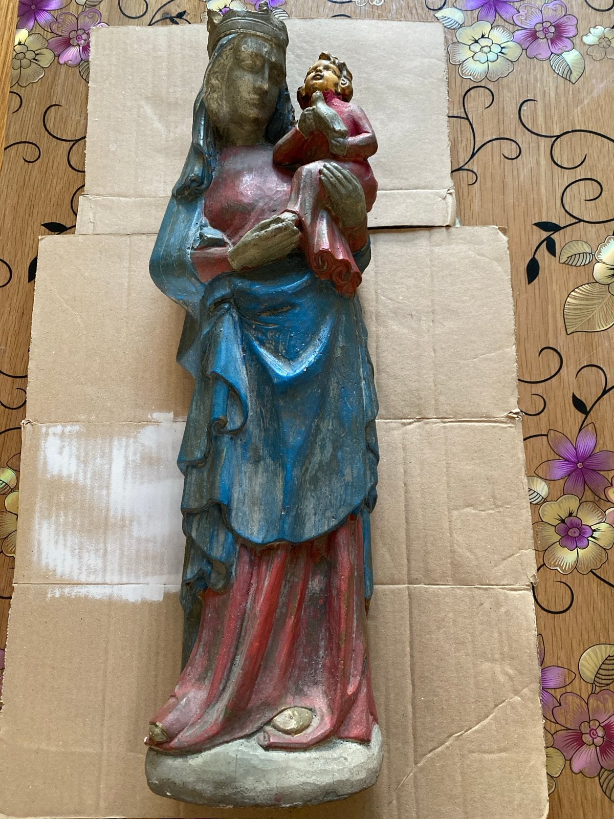 Antiek Mariabeeld met kindje Jezus, handgeschilderd, Antiek en Kunst, Ophalen of Verzenden