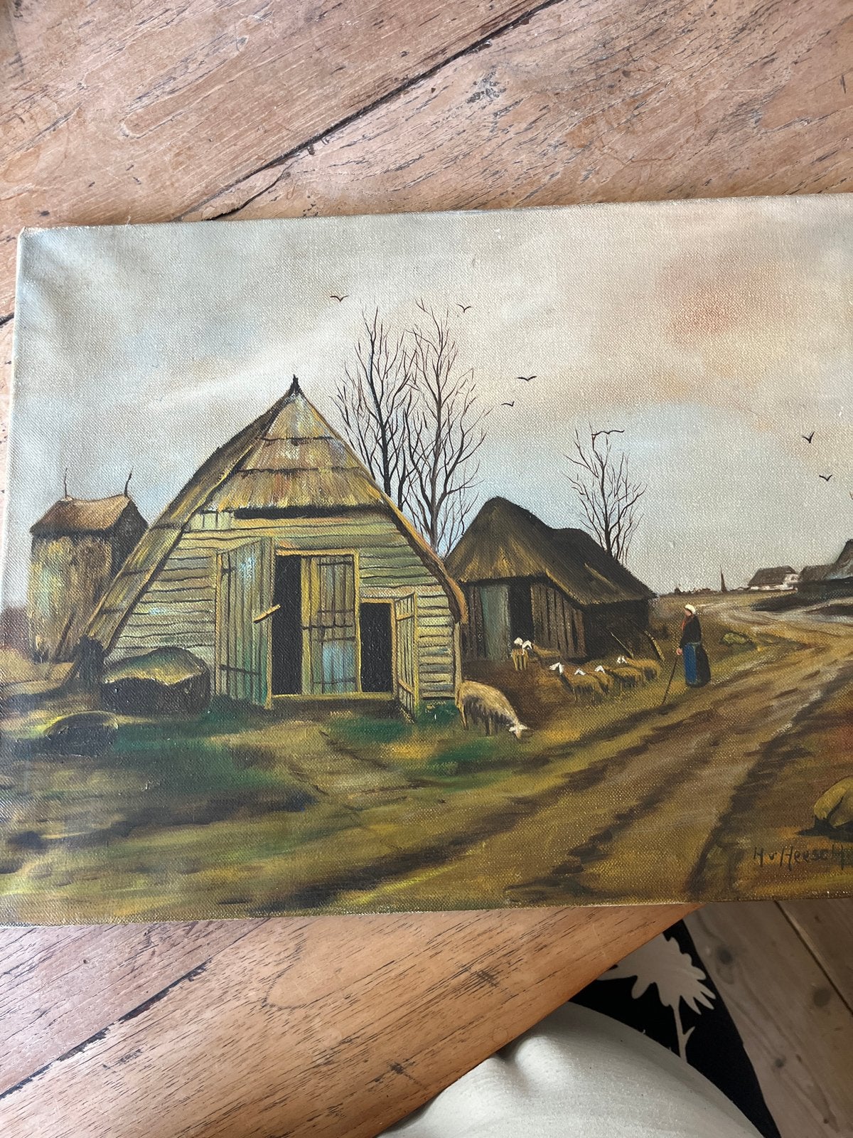 Oud Hollands Landschap Schilderij - Boerderij met Schapen, Doek, Oud hollands, Ophalen of Verzenden, Gesigneerd