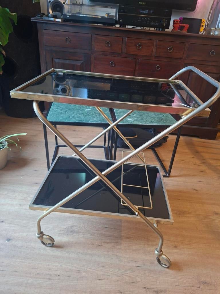 Vintage Drankkarretje Goud/Brons met Zwart Glas, Ophalen