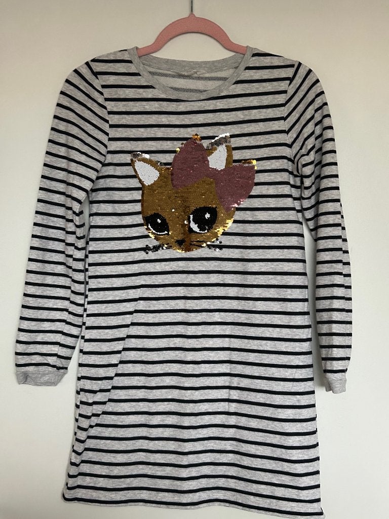 H&M gestreepte sweatjurk met poes maat 146/152, Gebruikt, Meisje, H&M, Ophalen of Verzenden