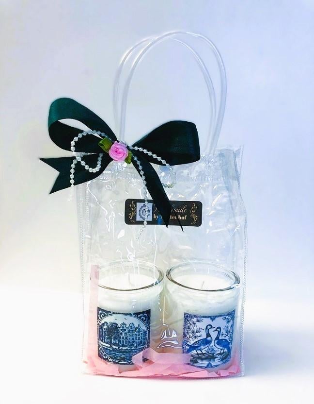 Giftset - cadeaus - kaarsen in glazen delfts blauw eenden, Overige materialen, Verzenden, Wit, Nieuw
