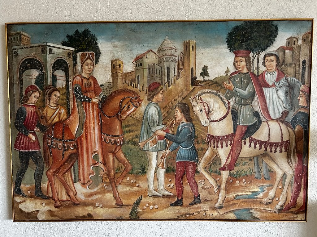 Italiaans handgeschilderd fresco Deltaquattro 185x135 cm, Antiek en Kunst, Ophalen, Handgeschilderd, Doek, Landschap