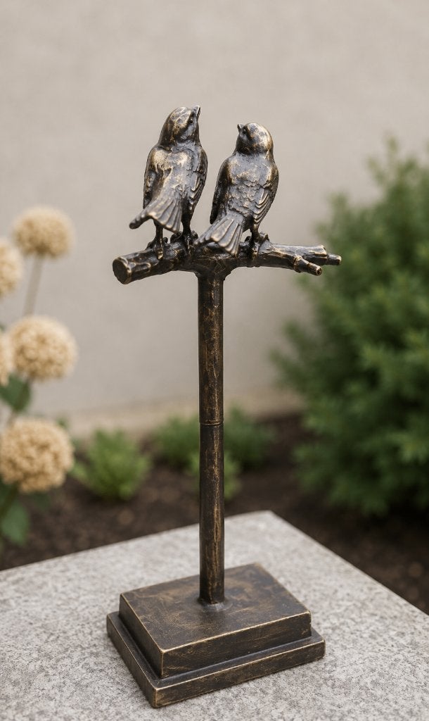 2 VOGELS OP TAK / mussen/ TUINSTEKER / BRONS, Huis en tuin decoratie Marie, Nieuw, Info@huisentuindecoratiemarie.nl, Peize