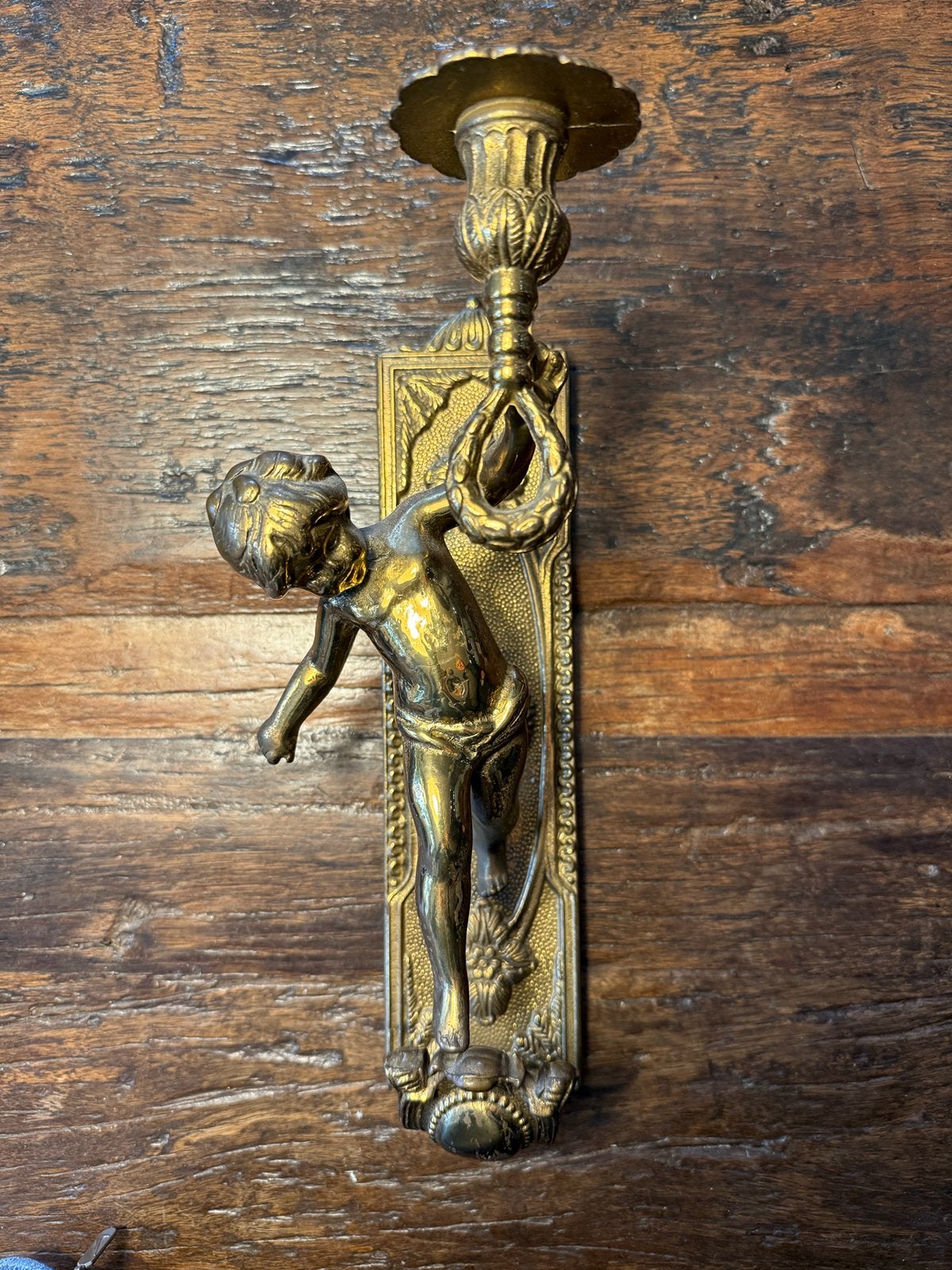 Wandkandelaar (zwaar) brons of koper met Cherubijn, Ophalen of Verzenden