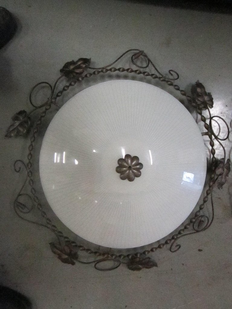 Vintage plafondlamp met glazen kap en metalen frame, Ophalen, Gebruikt, Overige fittingen, Glas