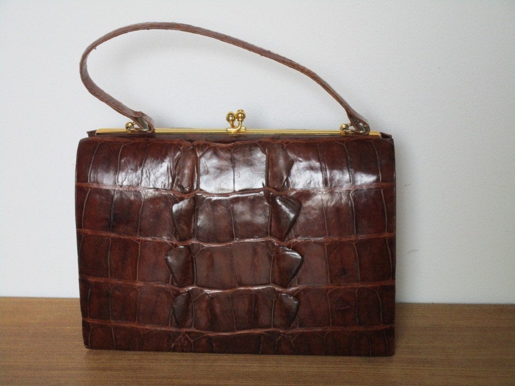 Nr.124: Vintage tas Handtas Krokodil Leder donker bruin, Ophalen of Verzenden, Zo goed als nieuw, Bruin, Handtas