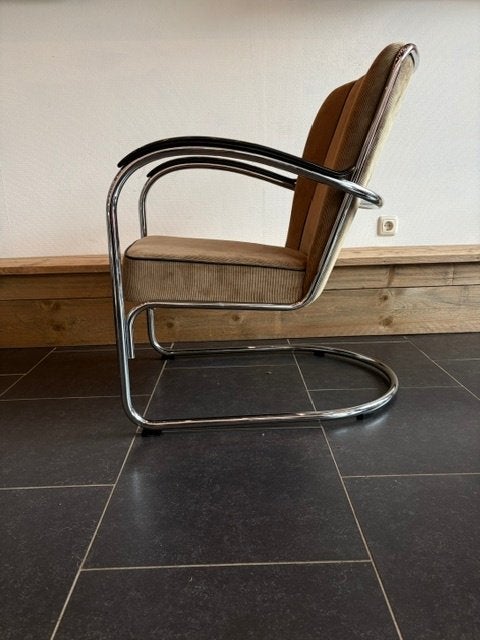 2 Gispen 412S fauteuils, chroom, nieuwe zandkleurige ribstof, Design, 75 tot 100 cm, Zo goed als nieuw, Stof