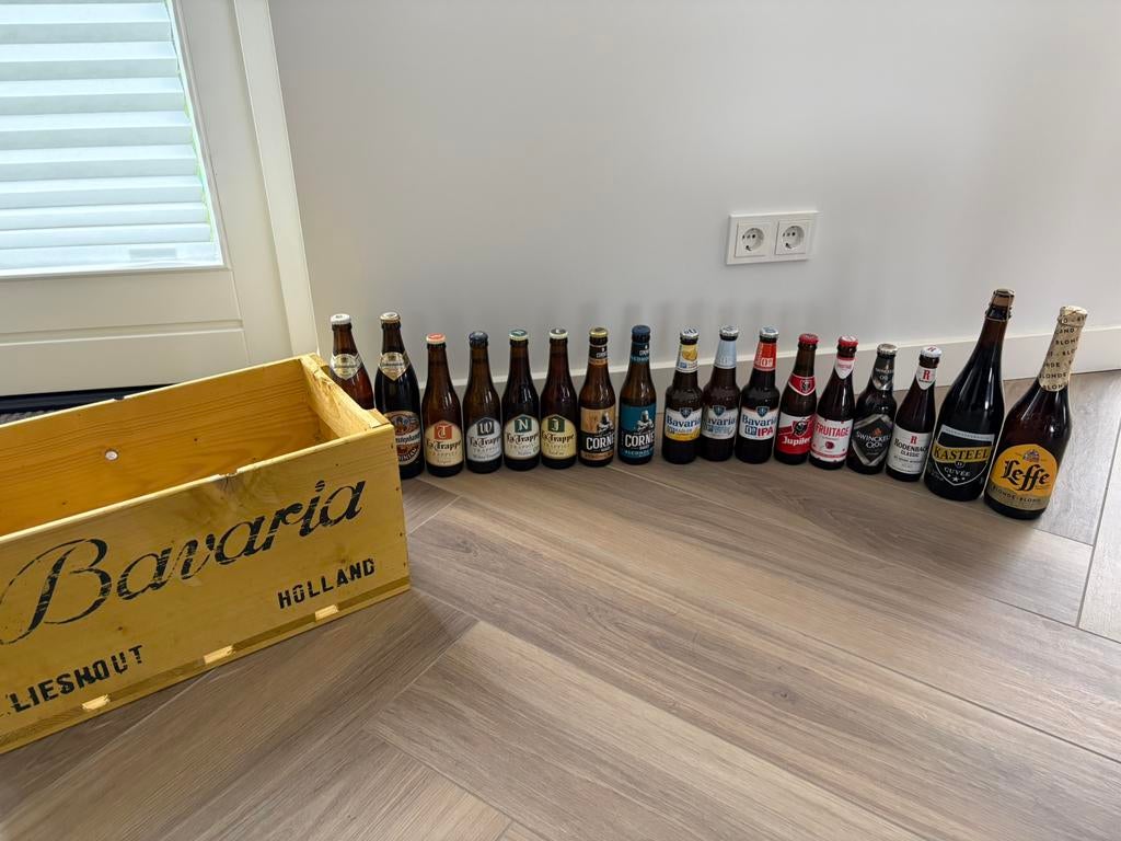 Diverse bieren met houten krat, Verzamelen, Biermerken, Ophalen, Zo goed als nieuw, Flesje(s), Overige merken