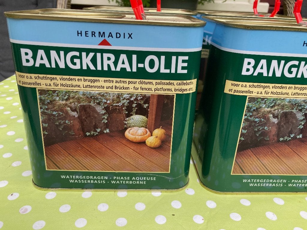 Hermadix Bangkirai-Olie - 2,5 ltr blikken 5 stuks - nieuw, Ophalen, Overige kleuren, Nieuw, Beits