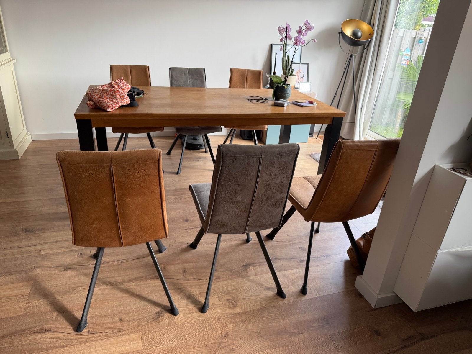 Eetkamerstoelen set van 6 - Bruin en Grijs, Huis en Inrichting, Ophalen, Gebruikt, Bruin, Metaal