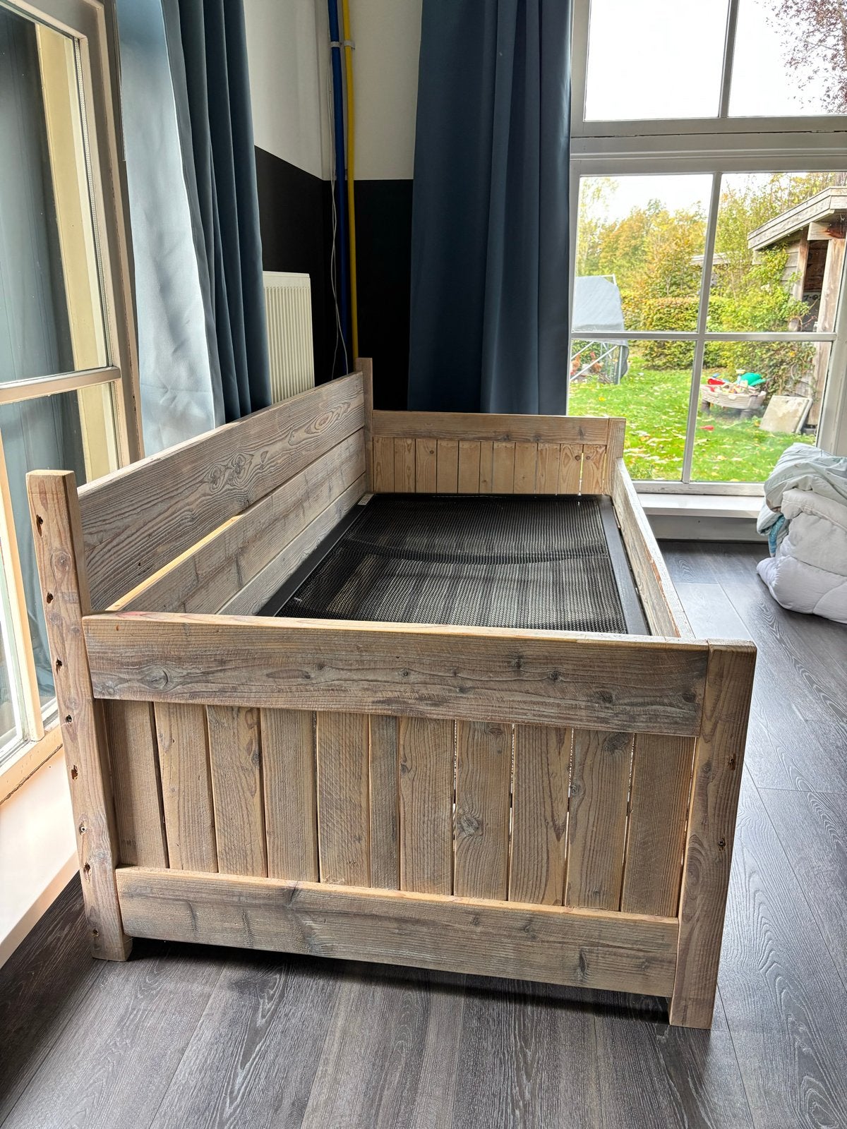 Steigerhouten bed met uitschuifbaar logeerbed, Ophalen, Steigerhout, Verstelbaar, Gebruikt