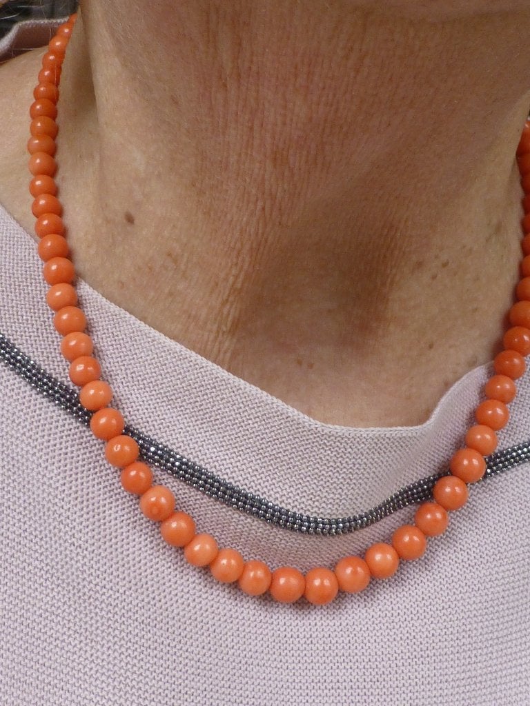Collier Bloedkoraal Antiek Goud op Zilver Slot/47 cm / 30 gr, Verzenden, Zilver, Ketting, Verguld