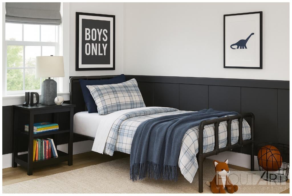 Bed frame zwarte steigerbuis!, 90 cm, Eenpersoons, Zwart, Info@hout-art.nl