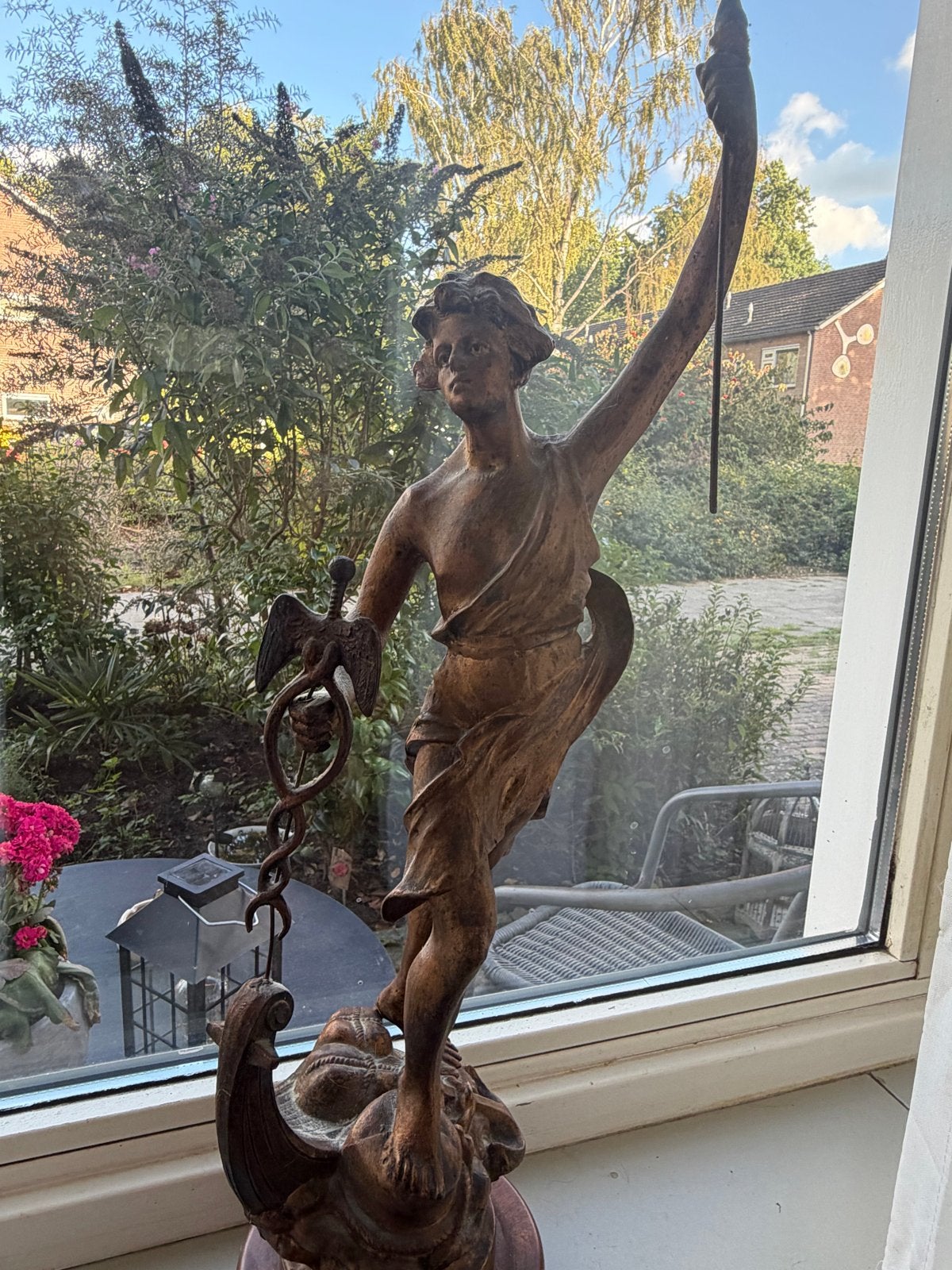Antiek bronzen beeld van Mercurius met caduceus, Ophalen, 50 - 100 cm, Beeld, Bruin