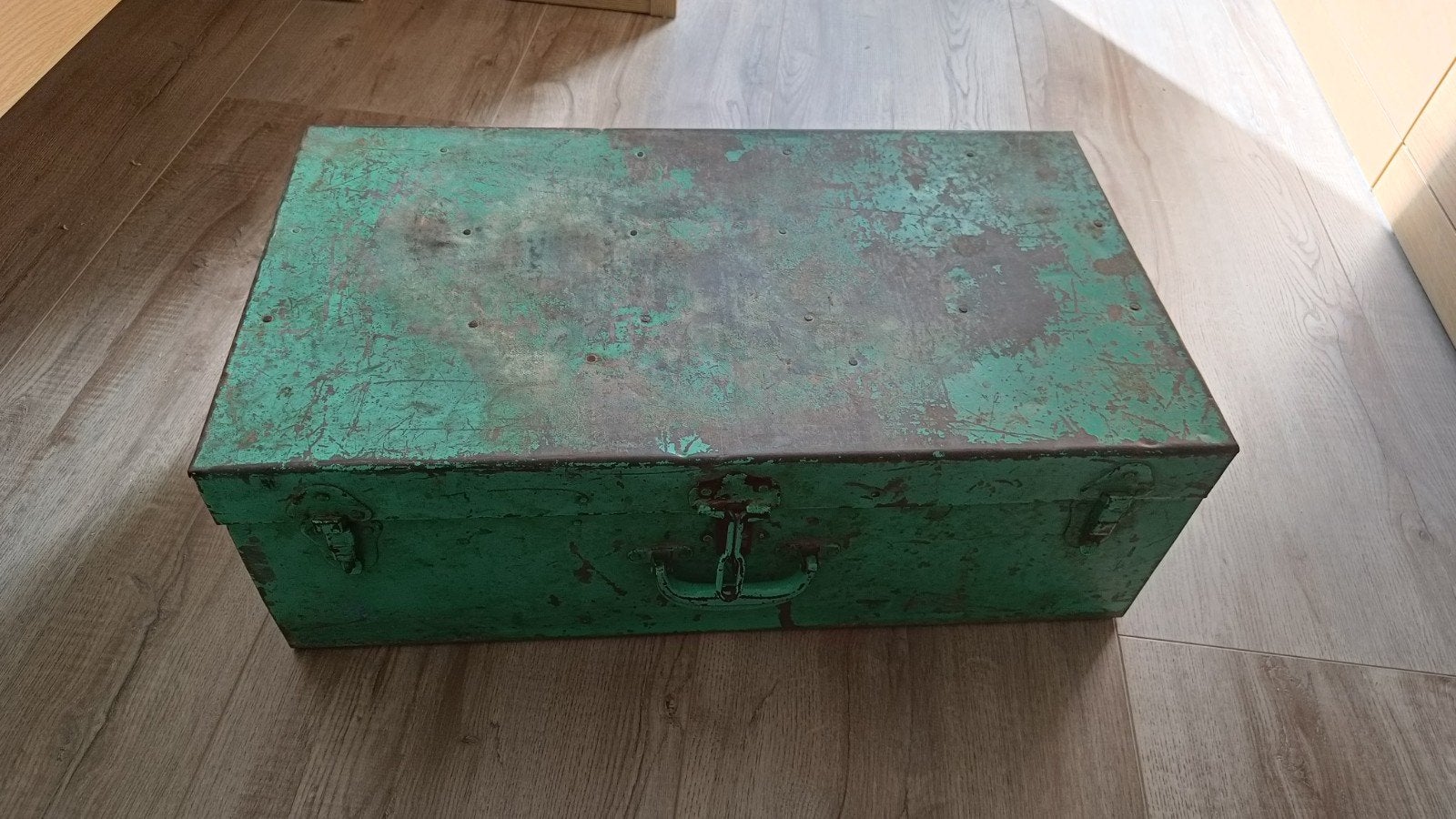 Vintage legerkist uit India - Groen/blauw opbergkist retro, Ophalen of Verzenden