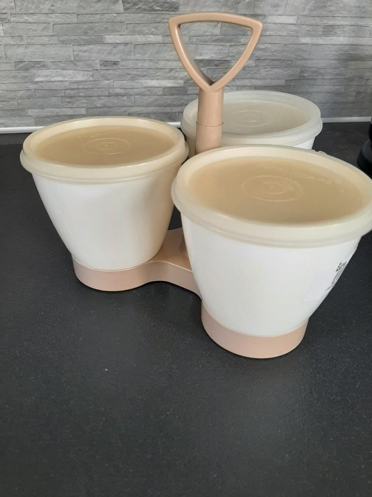 Tupperware trio carrousel hagelslag suiker enz retro vintage, Ophalen of Verzenden, Gebruikt, Bruin, Overige typen