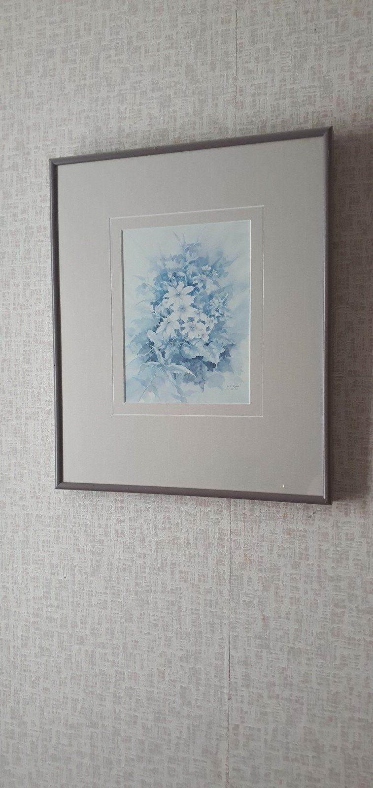 Ingelijste aquarel bloemen in blauwtinten, Antiek en Kunst, Kunst | Schilderijen | Klassiek, Ophalen of Verzenden