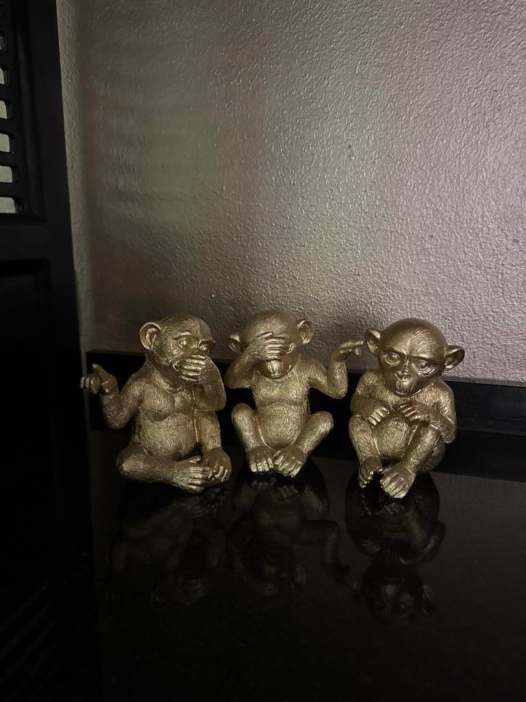 Gouden Apen Beeldjes: Horen, Zien, Zwijgen, Overige materialen, Ophalen of Verzenden, Zo goed als nieuw, Goud