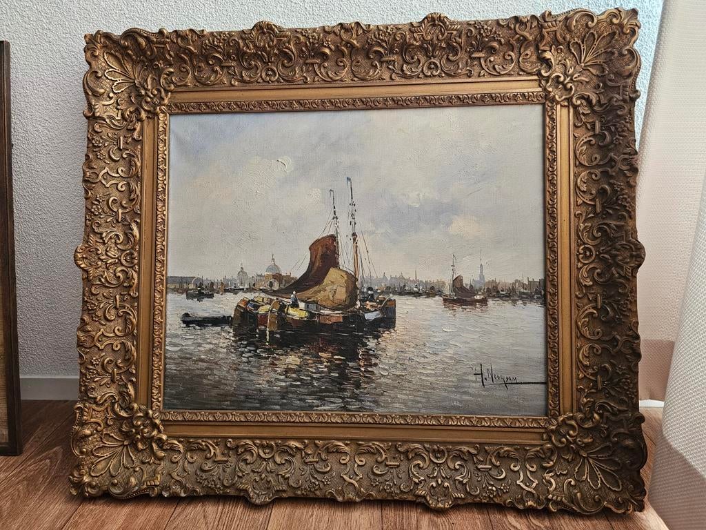 Olieverfschilderij H. Noordam - Havenzicht met boten, Ophalen