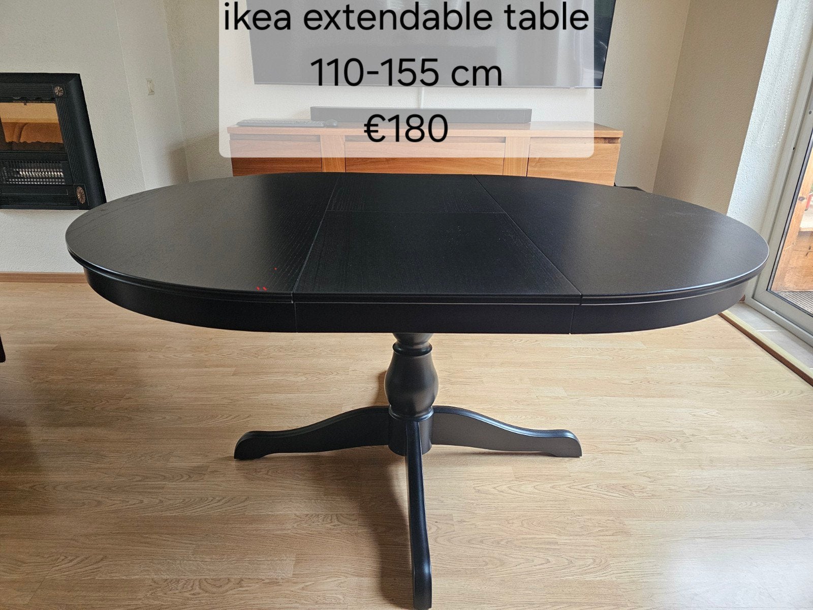 IKEA uitschuifbare eettafel, zwart, 110-155 cm, Ophalen, Gebruikt, 100 tot 150 cm, 150 tot 200 cm