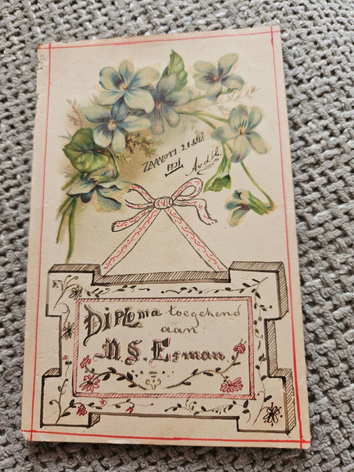 zaandam 1901  oude handgeschreven diploma, Ophalen of Verzenden, 1920 tot 1940, Gelopen, Noord-Holland