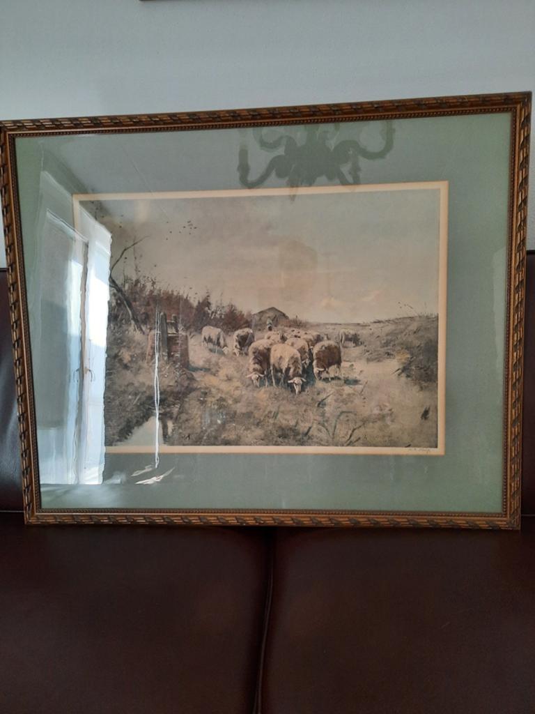 W.A. Knip Ets/Litho - Larense School Schaapskudde, Ophalen, 63 cm, Ingelijst, Landschap
