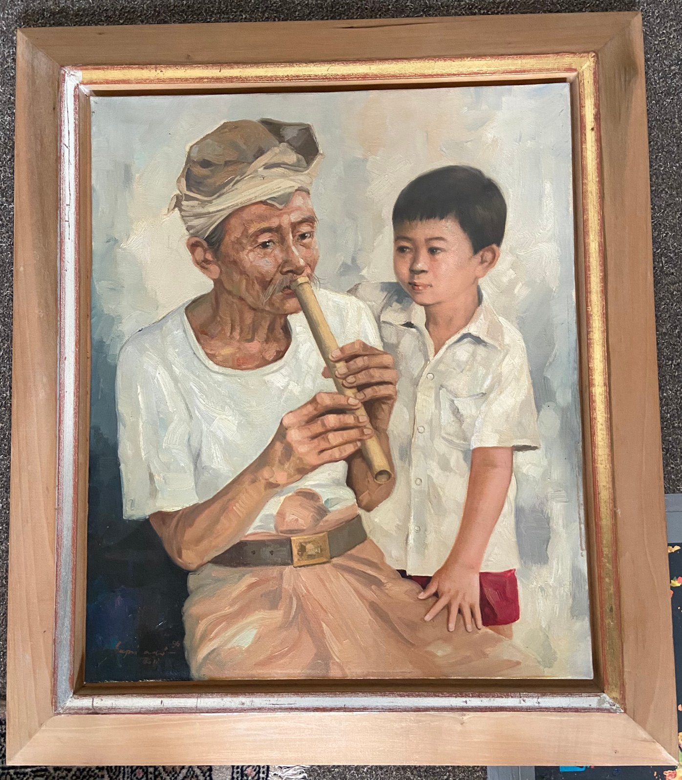 Balinese fluitspeler met jongen., Ophalen, Doek, Portret of Personen, Impressionistisch