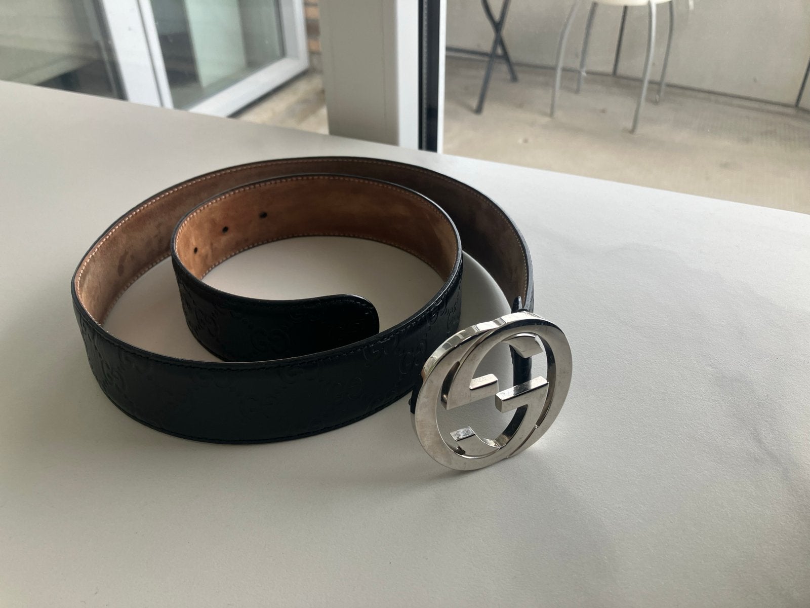 Gucci GG Riem Zwart Leer met Zilveren Gesp, Ophalen of Verzenden, Gedragen, Zwart, Echt leder