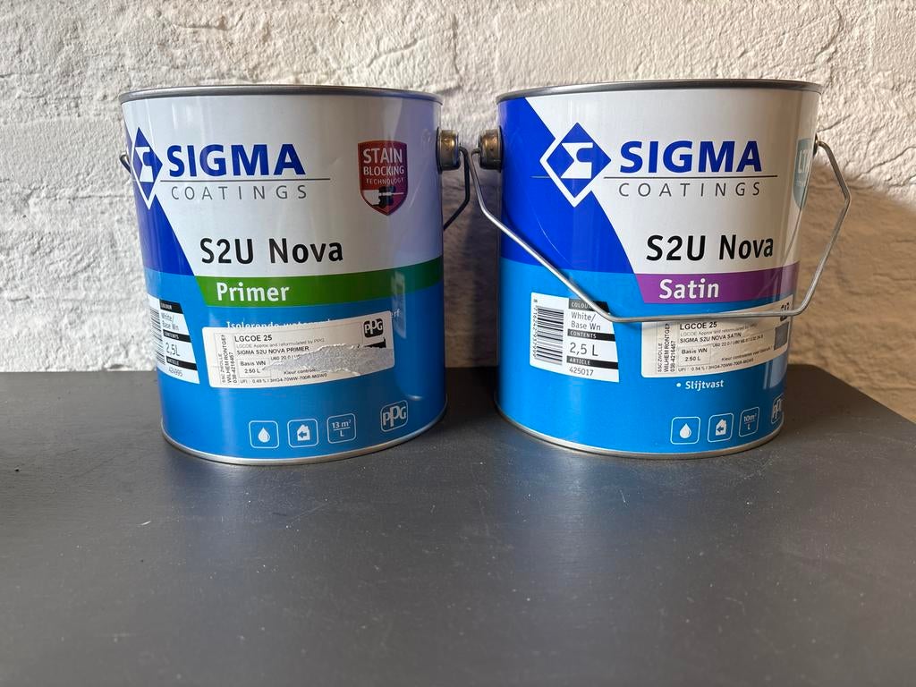 Sigma S2U Nova Primer en Satin verf (2x 2,5L), Wit, Nieuw, Ophalen of Verzenden, Verf