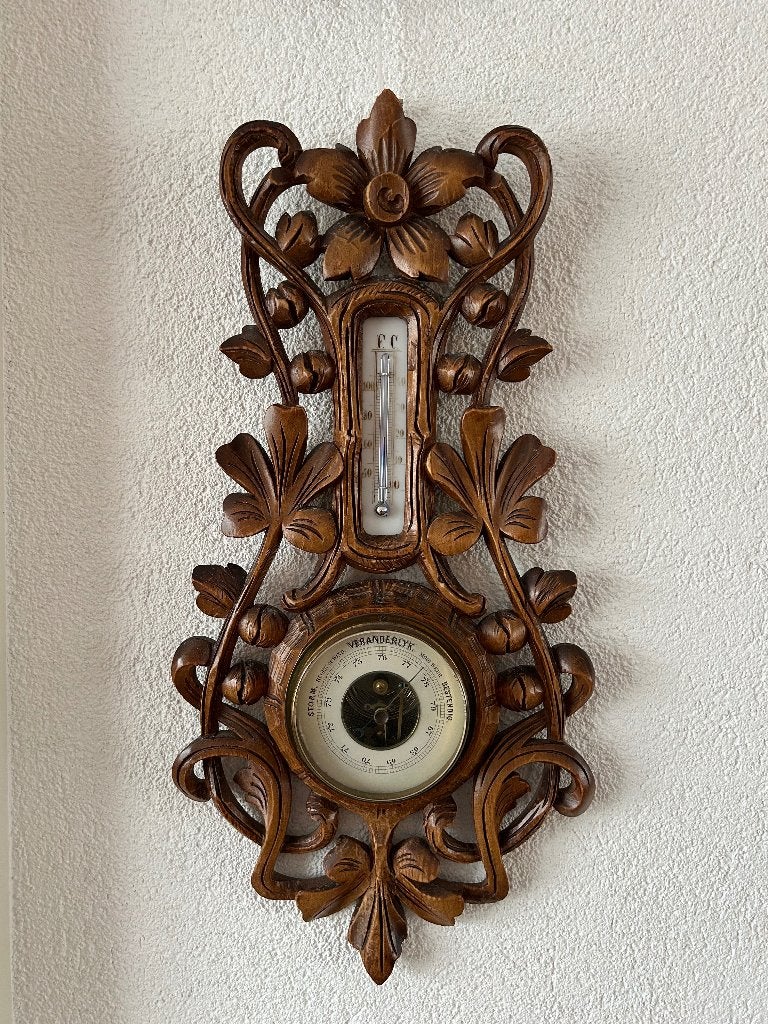Barometer en thermometer  Antiek  houtsnijwerk, Ophalen, Gebruikt, Weerstation