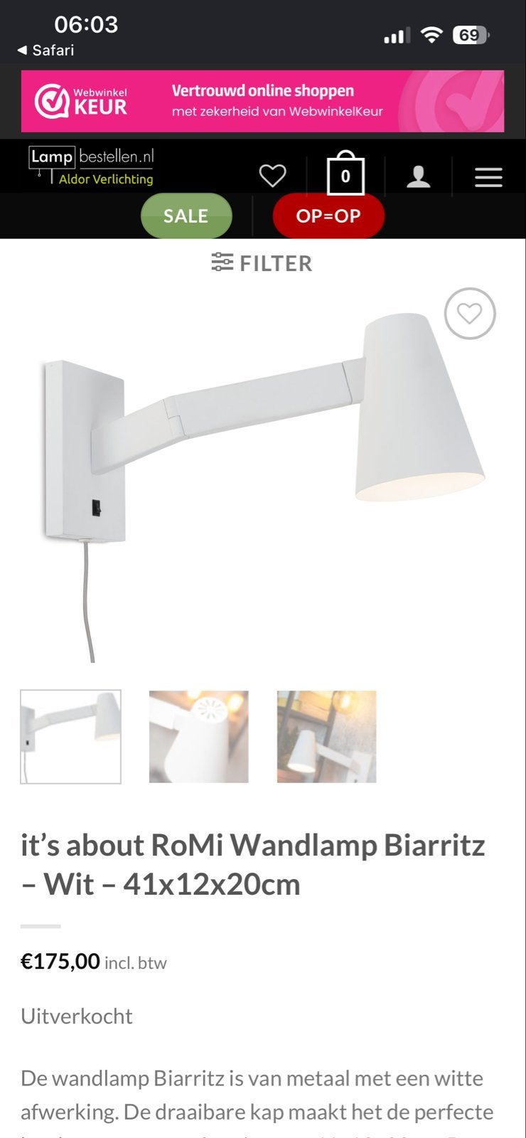 RoMi Wandlamp Biarritz - Wit - 41x12x20cm, Ophalen of Verzenden, Zo goed als nieuw, Overige merken, Verstelbaar