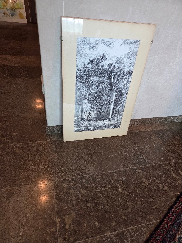 Tekening Verhoeve 1977 – kerk / landschap – 73 x 48 cm, Ophalen