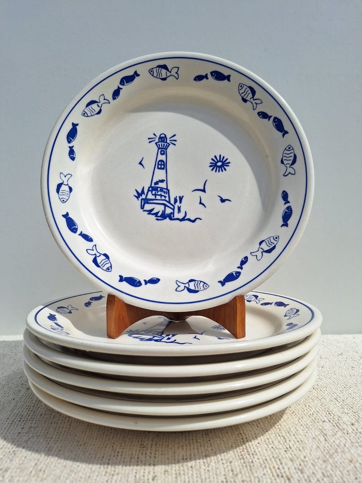 vintage borden blauw wit maritiem decor vuurtoren visjes, Keramiek, Ophalen of Verzenden, Zo goed als nieuw, X