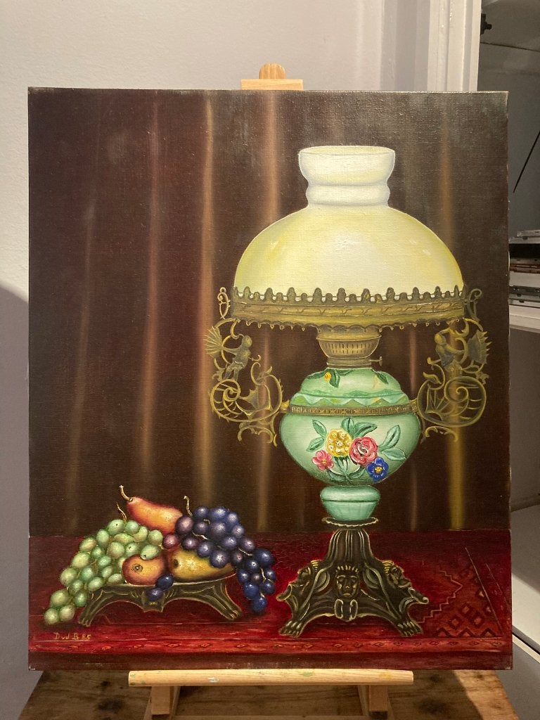 Olieverf schilderij op doek – Victoriaanse olielamp, Doek, Realistisch, Stilleven, Ophalen of Verzenden