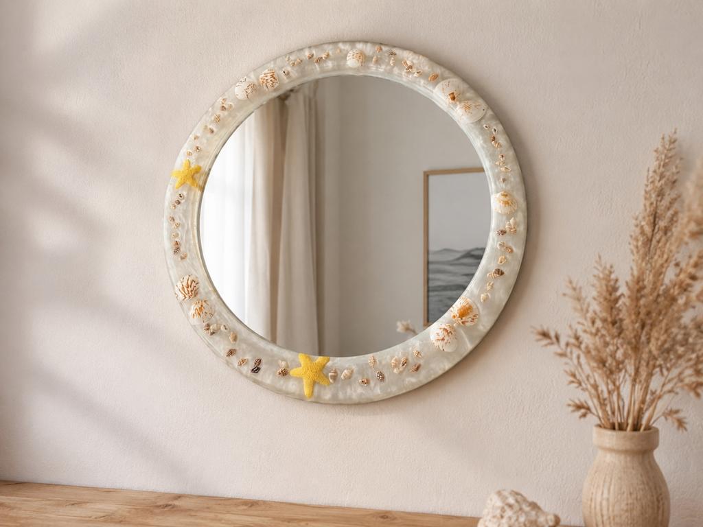 Bohemian stijl Jaren ‘70 spiegel met schelpen, Ophalen of Verzenden, Rond, Minder dan 50 cm, Minder dan 100 cm