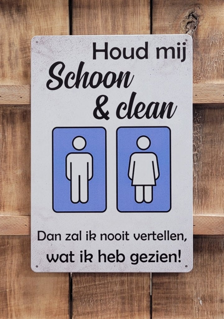 Wc Toilet schoon en clean reclamebord van metaal wandbord, Info@deconoord.nl, Deco Noord, Nieuw, Ophalen of Verzenden