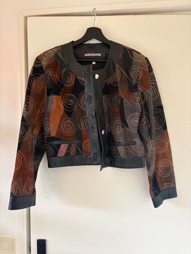 Giorgio MOBIANI Vintage Leren Jasje Patchwork Spiraal, Ophalen of Verzenden, Gedragen, Maat 38/40 (M), Bruin