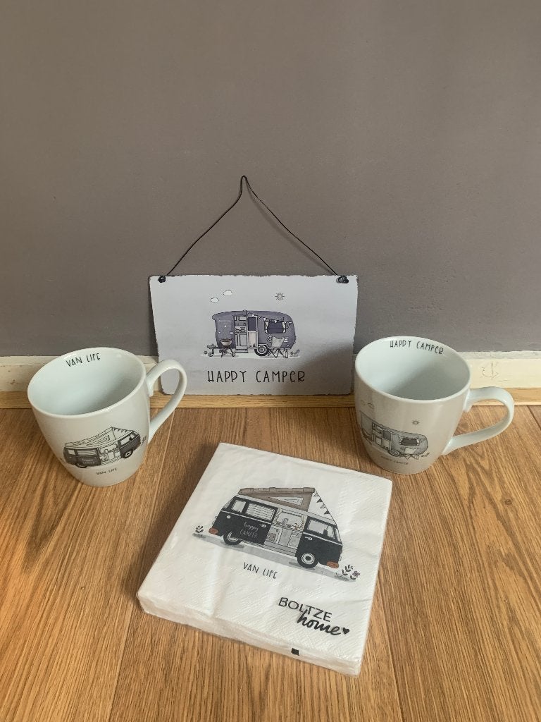 BOLTZE HOME happy camper van life mokken,servetten,deco bord, Ophalen of Verzenden, Nieuw